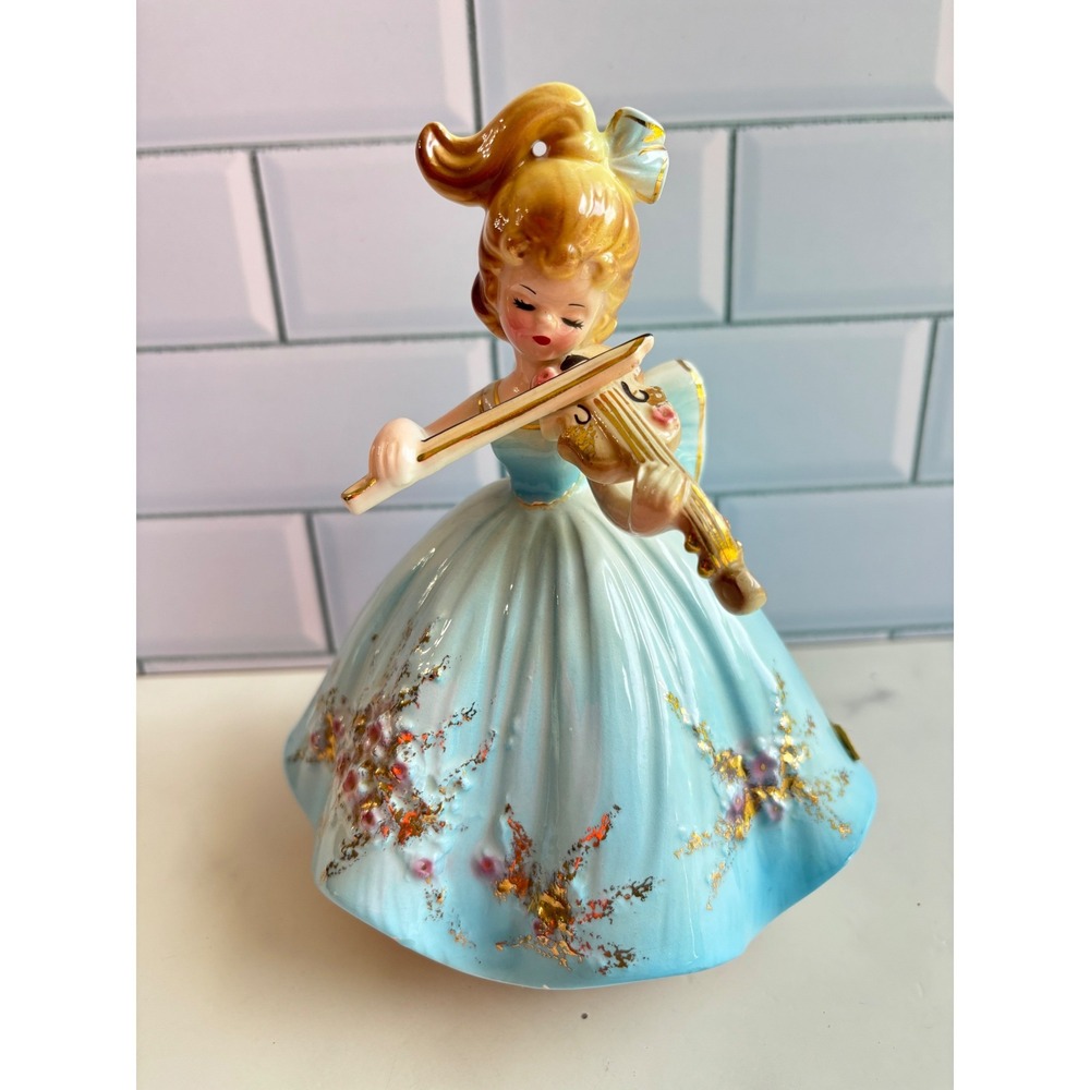 Josef Originals Musical Dolls Girl Playing Violin Blue Dress Gold Trim Figurine‎